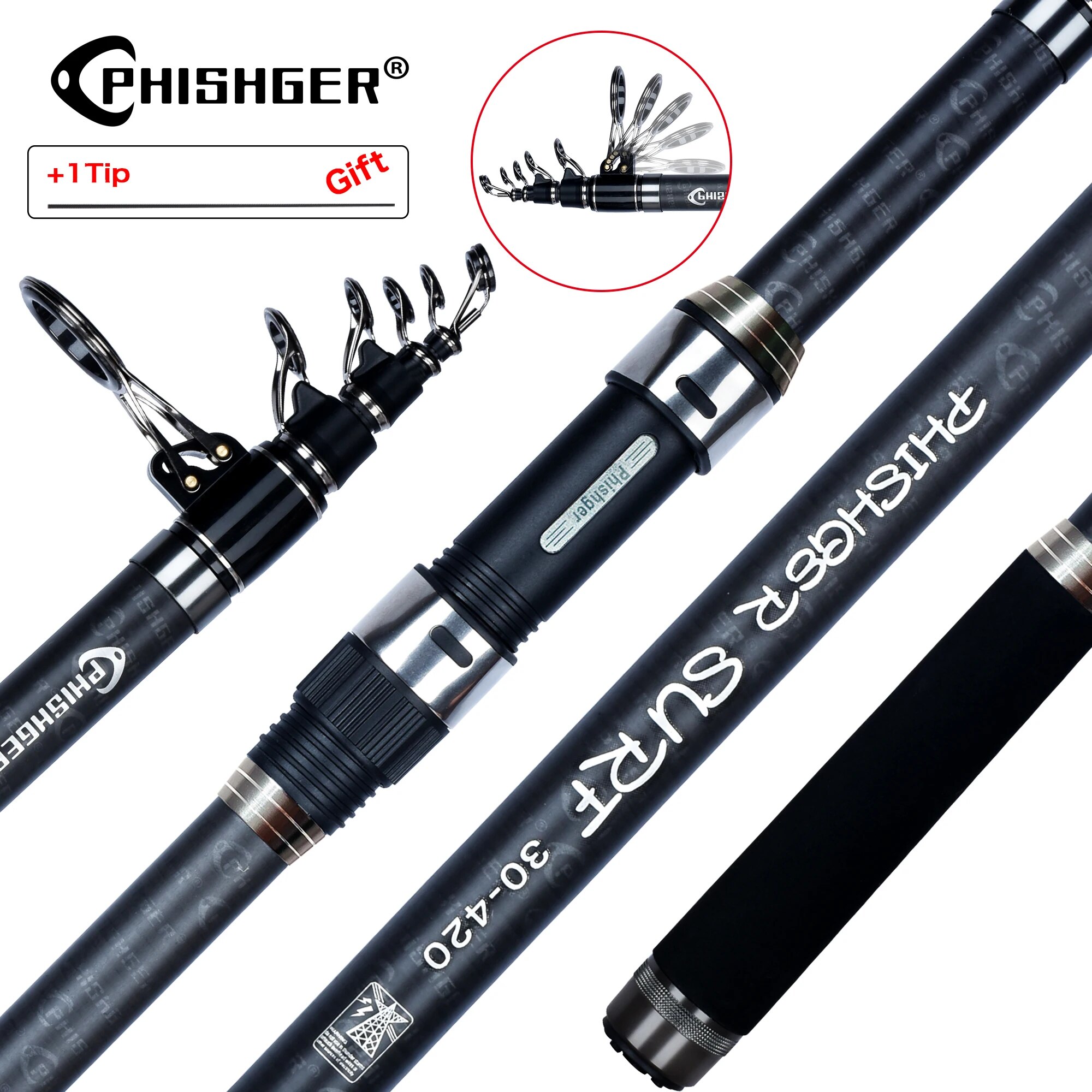 PHISHGER تلسكوبي تصفح الغزل قض - مراجعة Fishing Rod Surf وسعره